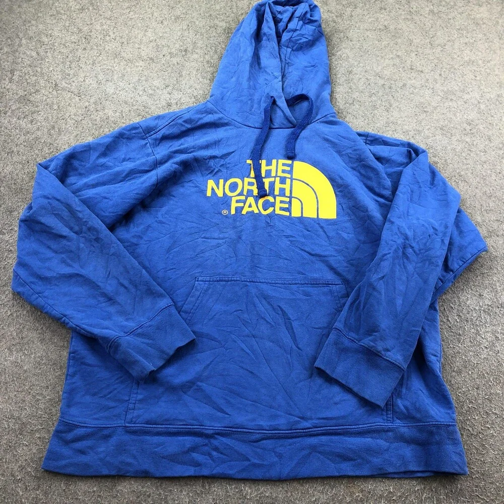 The North Face Hoodie Mens Large Blue Pullover Fleece Sweatshirt Big Logo Front